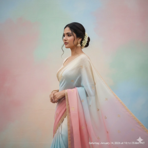 Pastel Background Girl in Saree Photo Aesthetic