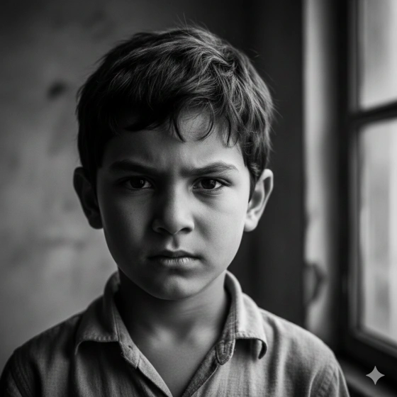 Black and White Portrait of a Boy with Strong Facial Expression