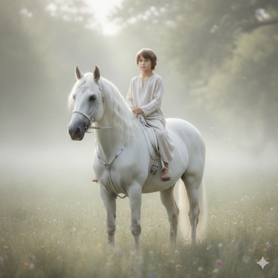 16. Boy on White Horse Photo Prompt with Soft Lighting