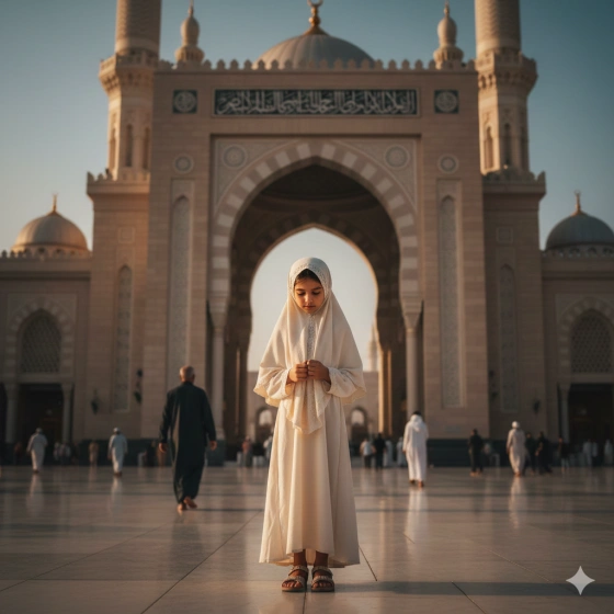 Girl Near Holy Mosque with Respectful Pose and Natural Lighting