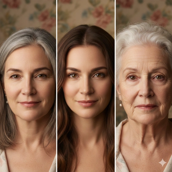 Female Age Progression Prompt with Realistic Skin Texture