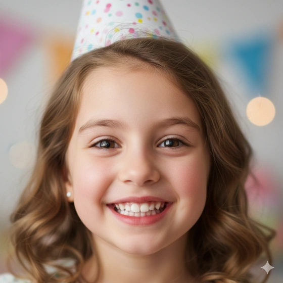 Close‑Up Birthday Girl Portrait with Happy Expression