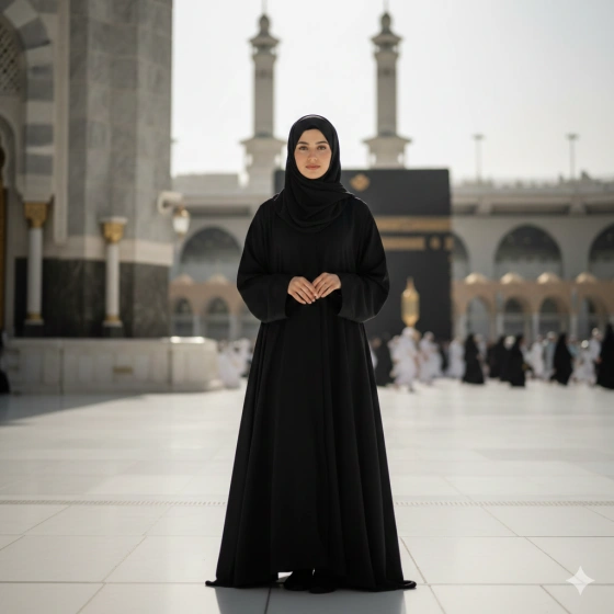 Girl in Abaya Standing in Makkah Courtyard with Soft Daylight