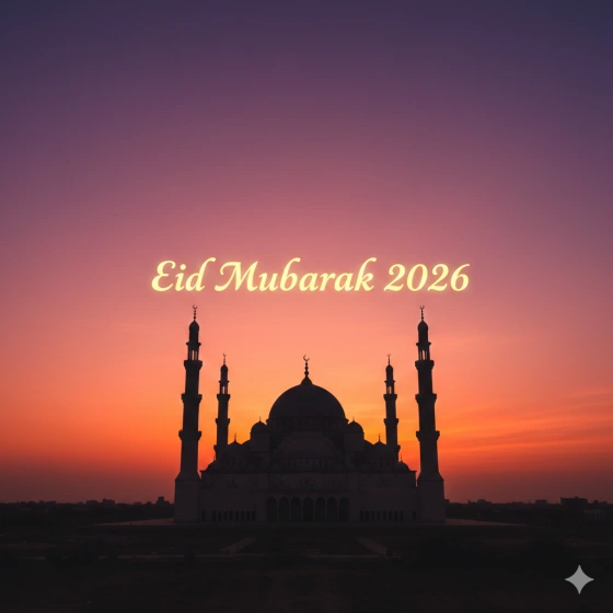 Eid Mubarak 2026 Image with Mosque Silhouette at Sunset
