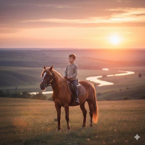 8. Boy Horse Riding Photo Prompt with Sunset Lighting