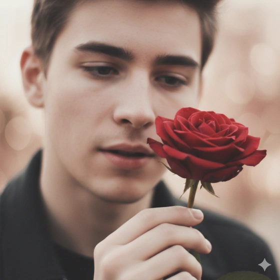 Soft Focus Boy Holding Rose Close‑Up Shot