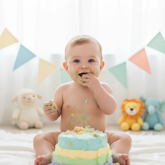 Boy Kid First Birthday Photo with Cute Cake Setup