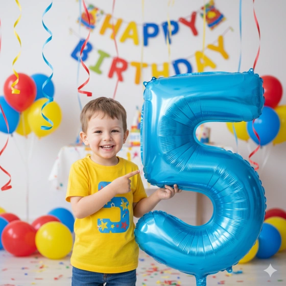 Boy Kid Birthday Photo with Colorful Number Balloons