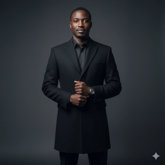 Classic Black Coat Suit Look with Confident Pose