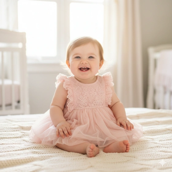 Baby Girl in Cute Dress with Soft Daylight Glow