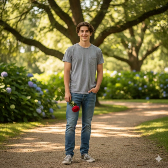 Casual Boy Holding Rose Outdoor Portrait