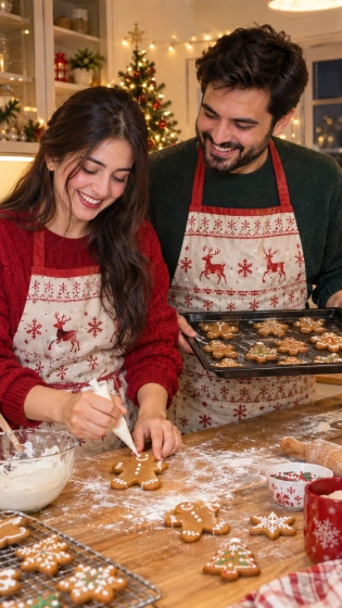 Couple in matching aprons decorating gingerbread cookies together in a festive kitchen