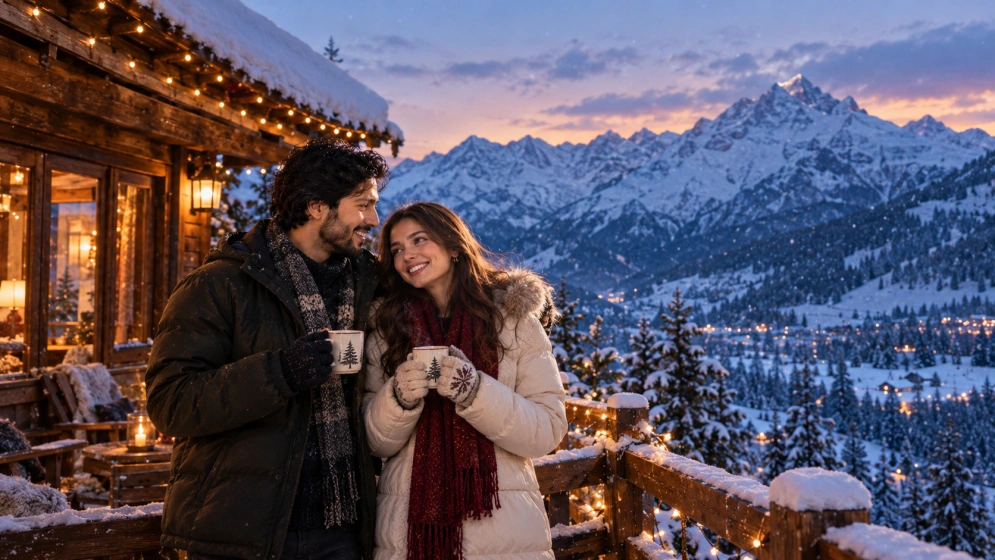 Couple on a snowy mountain lodge deck at dusk with string lights and snowy peaks behind them