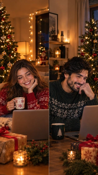 Long-distance couple smiling at each other on a Christmas video call from two decorated rooms