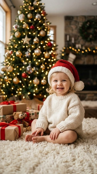 Smiling toddler in a red Santa hat sitting by a decorated Christmas tree with warm fairy lights glowing behind