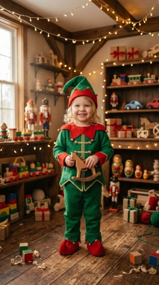 Child dressed as a cheerful elf in a green and red outfit with a pointed hat in a cozy toy workshop full of wooden toys