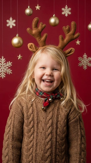 Child wearing a soft reindeer antler headband and a brown knit sweater laughing against a clean red studio backdrop