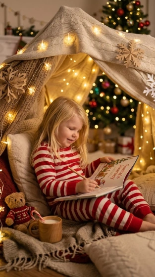 Child reading a storybook inside a cozy blanket fort lit with warm fairy lights on Christmas Eve