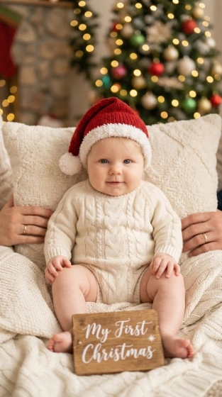Baby in a tiny Santa hat propped on soft cream pillows with a My First Christmas sign and warm fairy lights behind