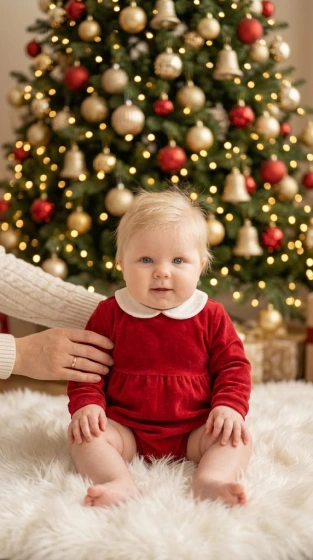 Baby in a red velvet romper sitting on a white fur rug in front of a glowing Christmas tree with gold ornaments