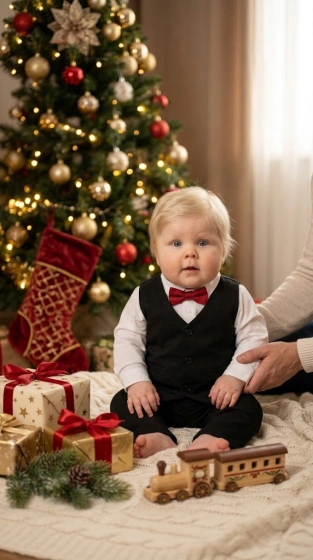 Baby boy in a tiny black vest and white shirt with a red bow tie sitting beside a decorated Christmas tree