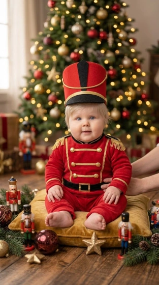 Baby boy dressed in a soft red and gold nutcracker-style costume with a tall hat sitting among Christmas decorations