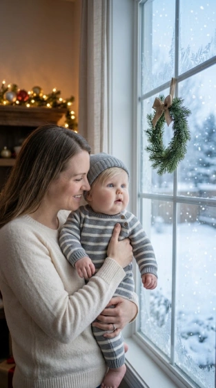 Baby boy in a cozy snowsuit held by his mother at a frosty window watching snow fall outside near Christmas decorations