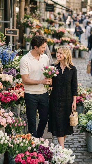 Adult couple walking together through a colorful flower market with a bouquet