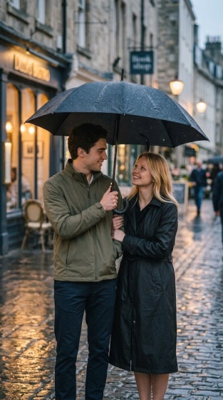 Adult couple sharing an umbrella on a rainy city street at blue hour
