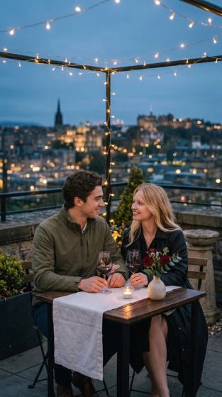 Elegant adult couple having a rooftop dinner beneath warm fairy lights