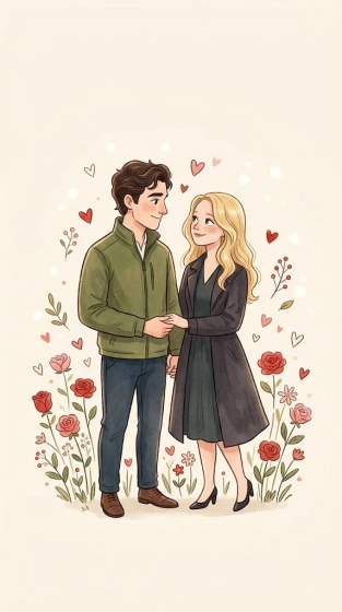 Romantic storybook illustration of an adult couple surrounded by red and pink flowers