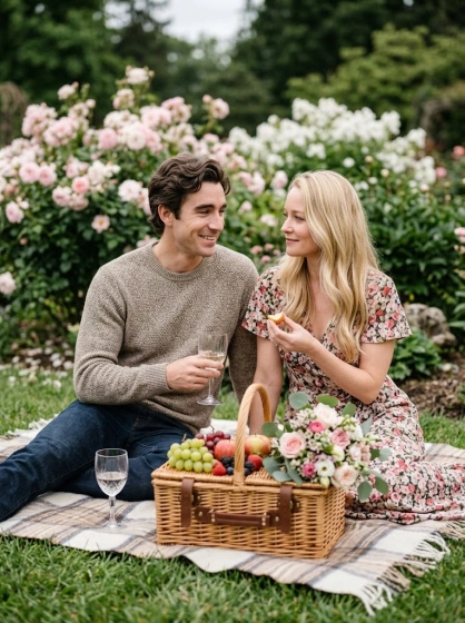 Adult couple enjoying a romantic picnic in a flower garden