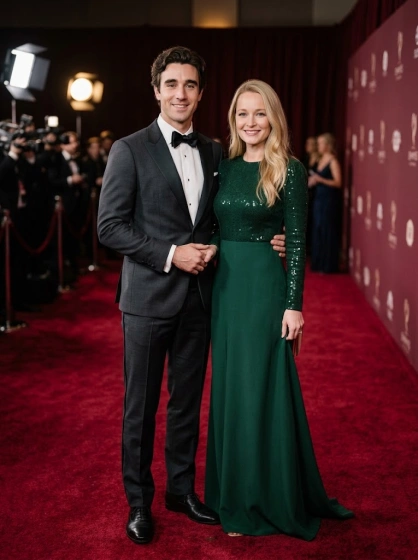 Glamorous adult couple in formal evening outfits at a red-carpet-style event