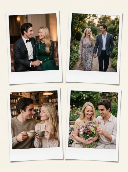 Instant-film photo collage showing an adult couple sharing romantic everyday moments