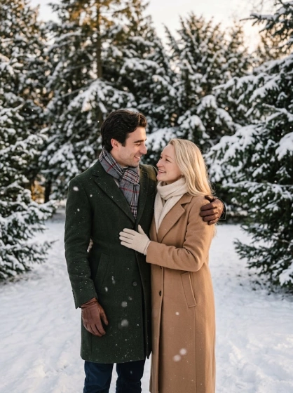 Adult couple standing close together in a snowy park wearing coordinated winter outfits