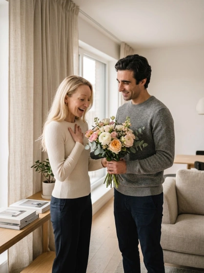 Adult couple sharing a Valentine's flower surprise in a bright modern apartment