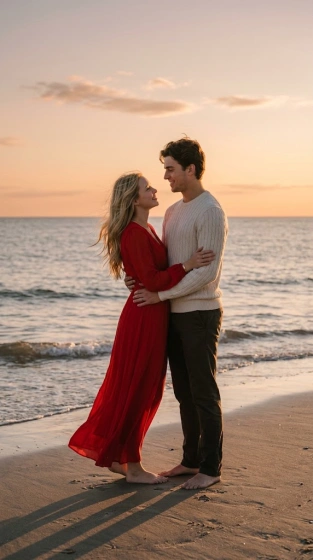 Adult couple embracing on a beach at sunset with warm golden light