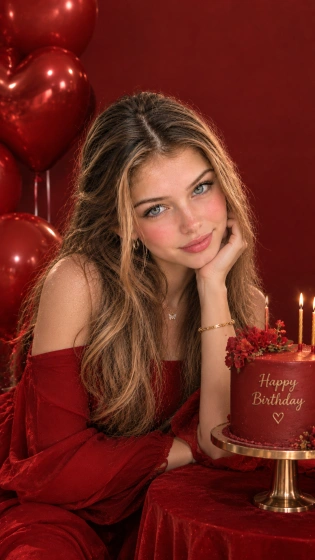 Red outfit birthday editorial photoshoot