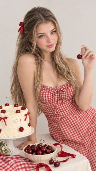 Cherry themed birthday portrait with red accents