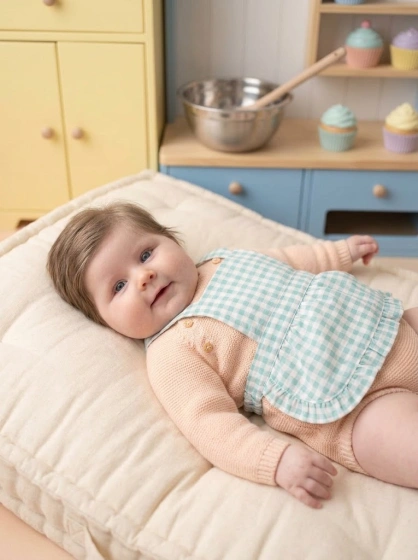 Baby girl in a baking-themed portrait with a soft apron and miniature kitchen backdrop