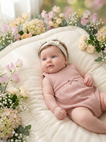 Young baby girl in a pastel floral photo setup with flowers in the background