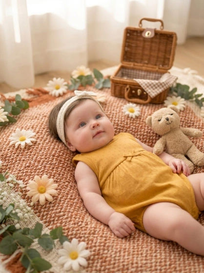 Baby girl in a cozy picnic-themed portrait with a teddy bear placed safely beside her