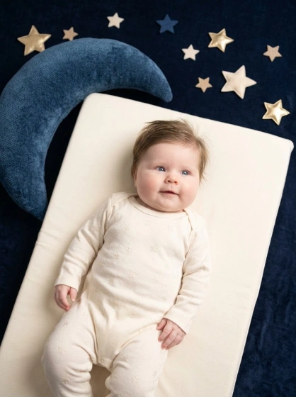 Baby girl in a cozy moon and stars themed portrait with soft navy and ivory colors