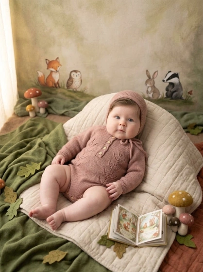 Baby girl in a woodland storybook portrait with soft mossy colors and decorative forest props