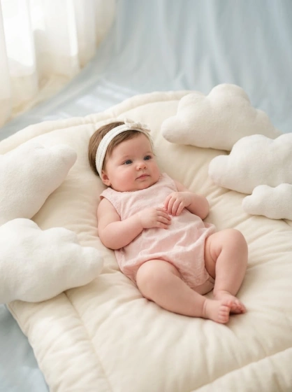 Baby girl aged 1 to 6 months in a soft cloud-themed nursery portrait