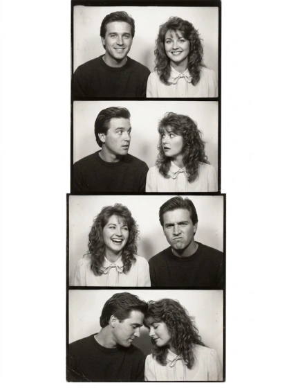 Four-frame 1980s photo booth strip showing a couple's changing expressions