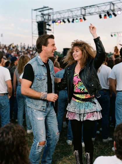 1980s couple enjoying an outdoor concert under colorful stage lights