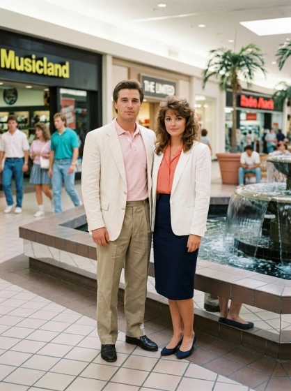 1980s couple posing in a shopping mall with feathered hairstyles