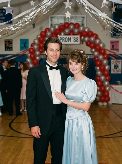 1980s couple dressed for prom night in a decorated school gym