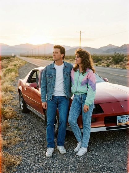 1980s couple leaning against a classic convertible at sunset